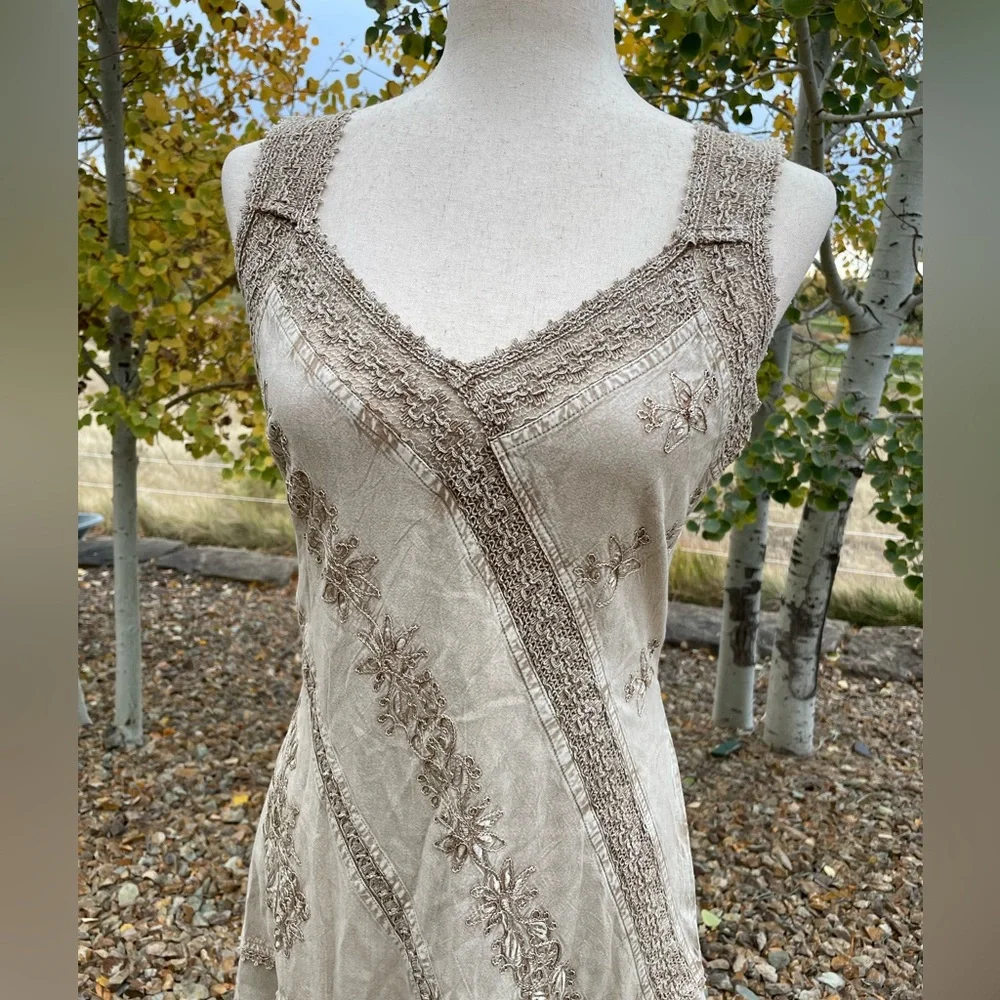 Vintage Coline Y2K fairycore Gypsy beige viscose embroidered drop waist dress - Picture 2 of 14